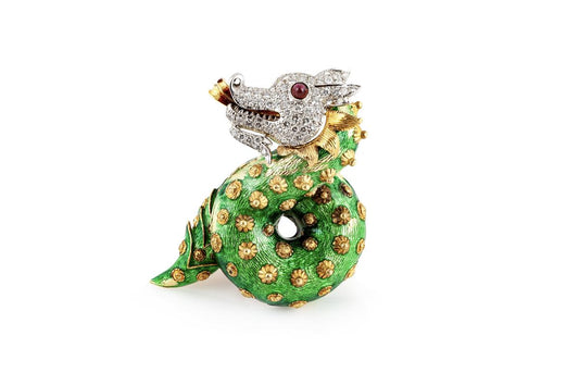 Vintage 1960s Green Enamel Dragon Brooch with Diamonds