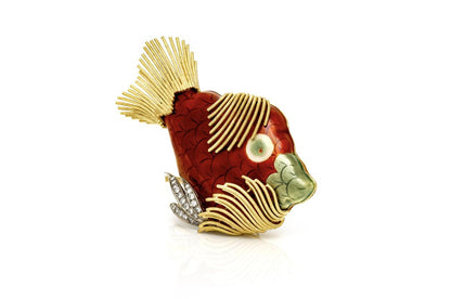 Vintage 1970s Enamel Fish Brooch with Diamonds