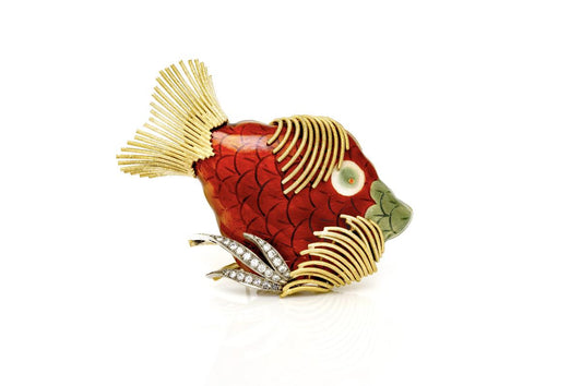 Vintage 1970s Enamel Fish Brooch with Diamonds