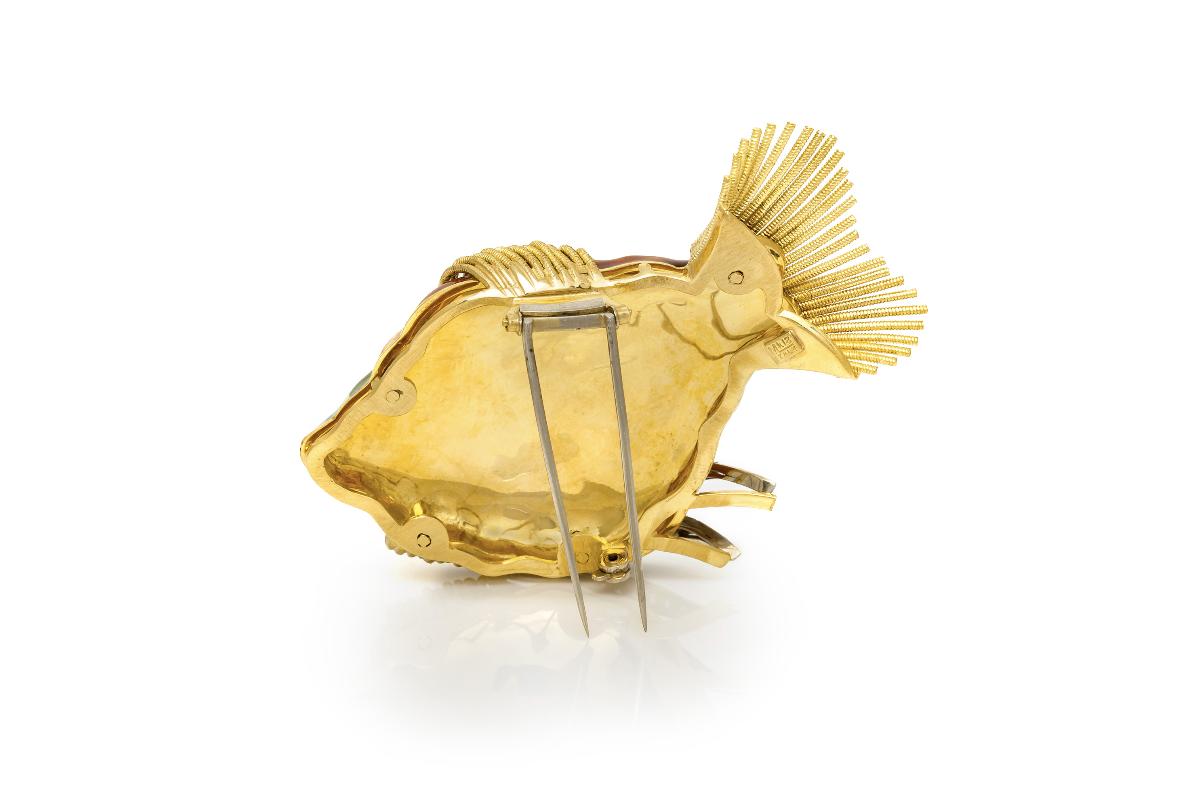 Vintage 1970s Enamel Fish Brooch with Diamonds