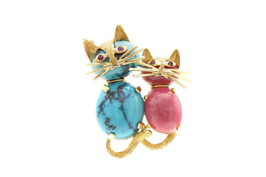 Vintage 1970s Turquoise and Pink Agate Cats Brooch