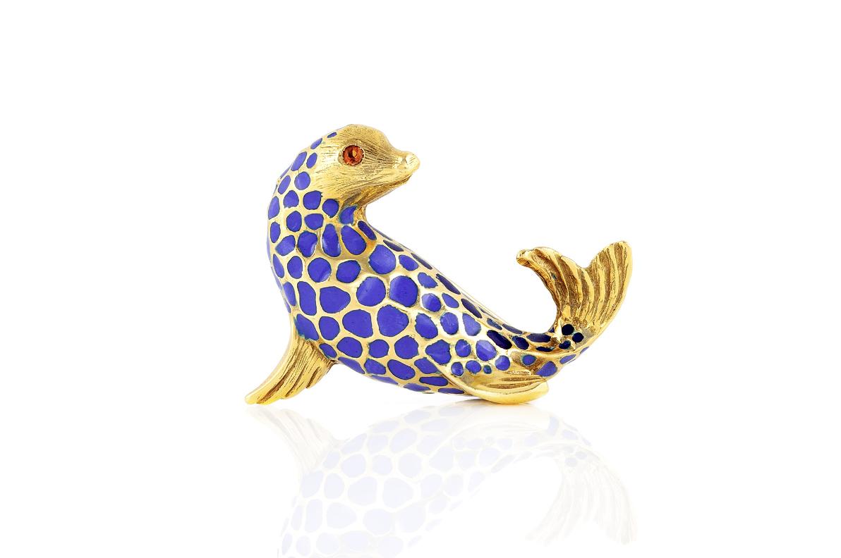 Vintage 1970s Blue Enamel Seal Brooch