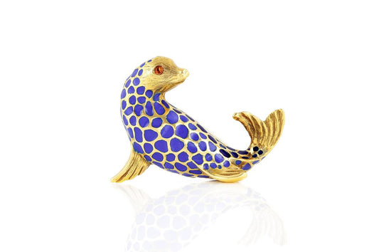 Vintage 1970s Blue Enamel Seal Brooch