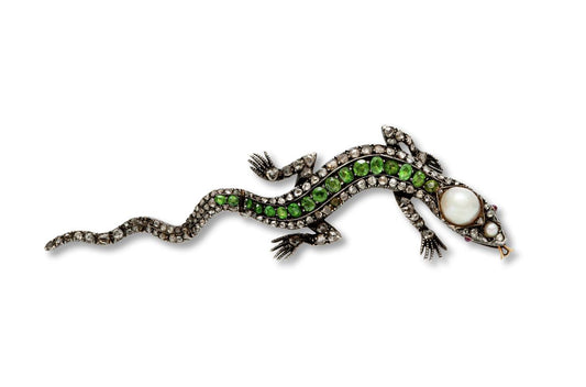 Antique Victorian Tsavorite and Diamond Lizard Brooch with Pearls