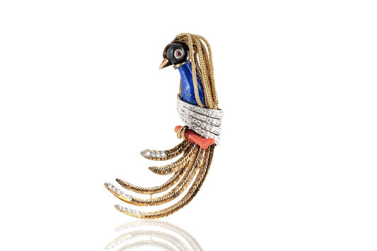 Vintage 1950s Black Onyx, Lapis, and Coral Bird Brooch with Diamonds