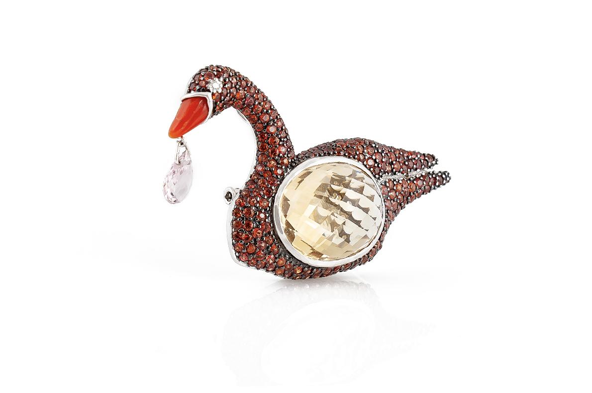 26.81 Carat Yellow Quartz and Orange Sapphire Swan Brooch