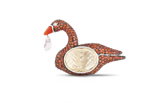 26.81 Carat Yellow Quartz and Orange Sapphire Swan Brooch