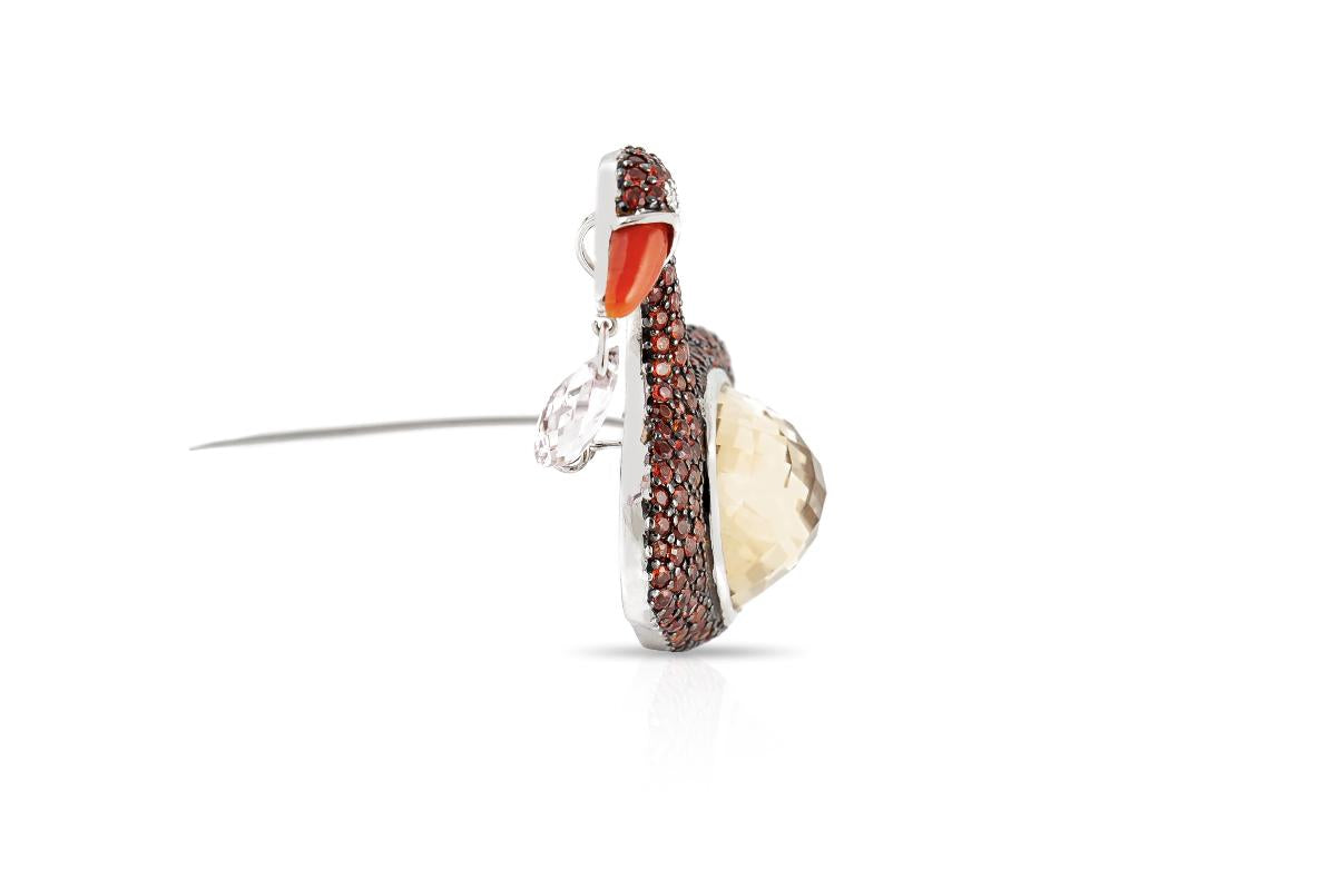 26.81 Carat Yellow Quartz and Orange Sapphire Swan Brooch