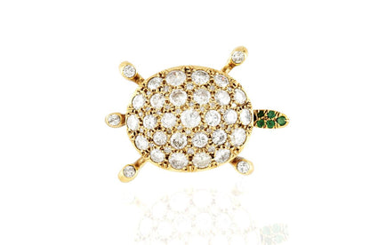 Vintage 1940s Retro 9.00 Carat Diamond Turtle Brooch with Emeralds