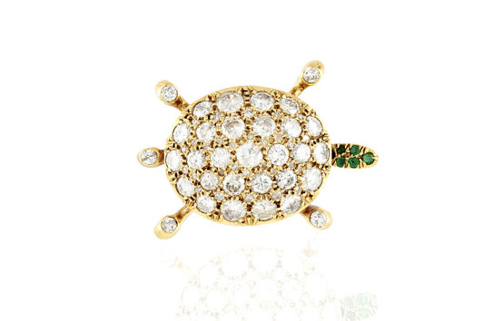 Vintage 1940s Retro 9.00 Carat Diamond Turtle Brooch with Emeralds