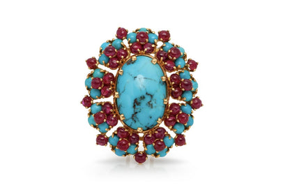 Vintage 1940s Retro Turquoise Brooch with Rubies