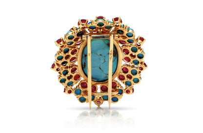 Vintage 1940s Retro Turquoise Brooch with Rubies