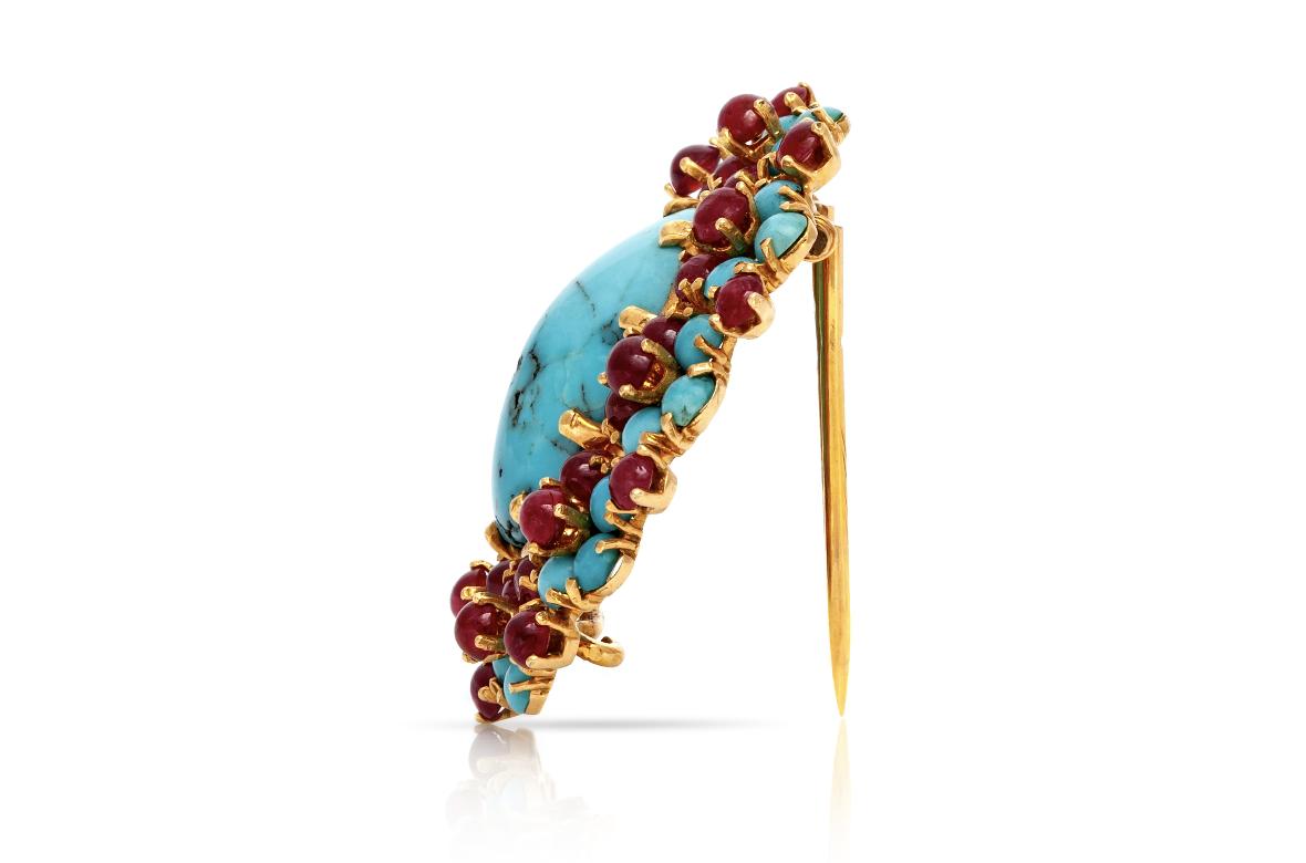 Vintage 1940s Retro Turquoise Brooch with Rubies