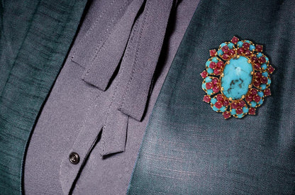 Vintage 1940s Retro Turquoise Brooch with Rubies