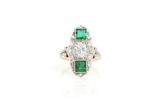 Antique Edwardian 1910s 1.50 Carat Diamond and 1.00 Carat Emerald Dinner Ring