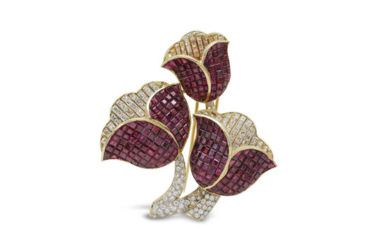 Vintage 1960s 13.00 Carat Ruby and 10.00 Carat Diamond Tulips Brooch