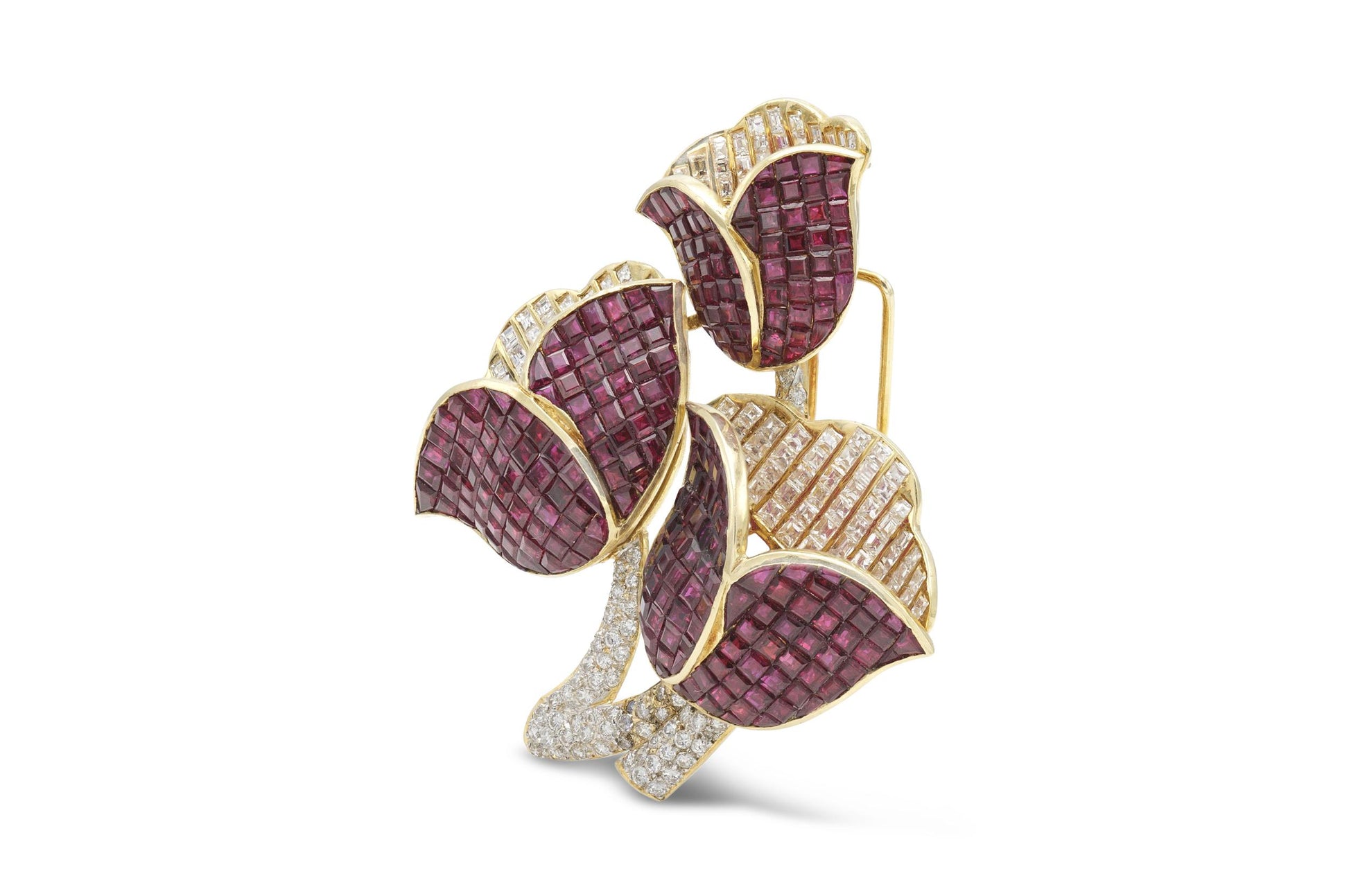 Vintage 1960s 13.00 Carat Ruby and 10.00 Carat Diamond Tulips Brooch