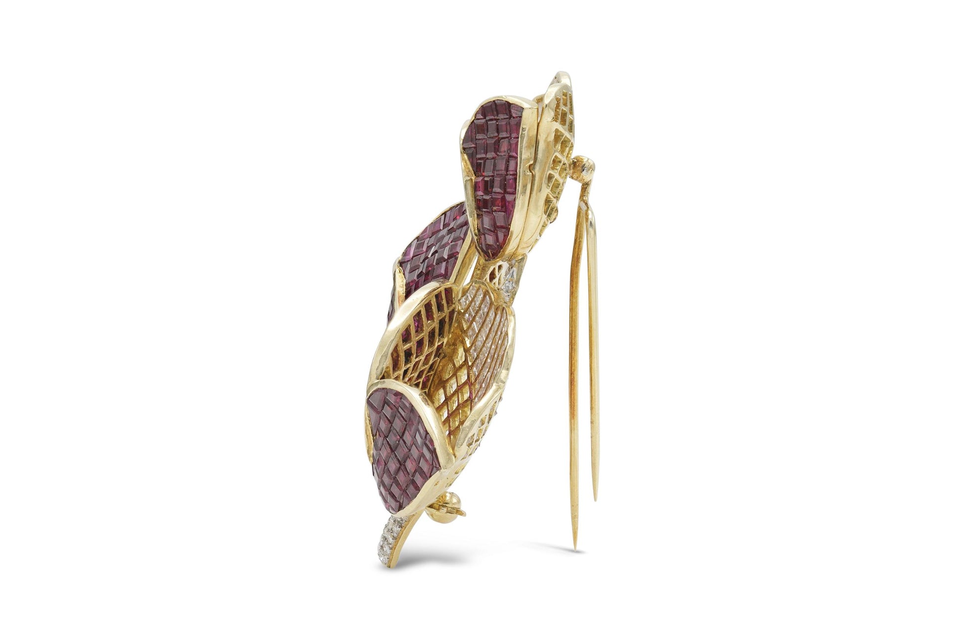 Vintage 1960s 13.00 Carat Ruby and 10.00 Carat Diamond Tulips Brooch