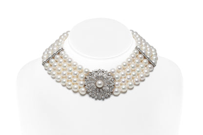 Vintage 1950s 4 Strand Akoya Pearl Necklace with Diamonds