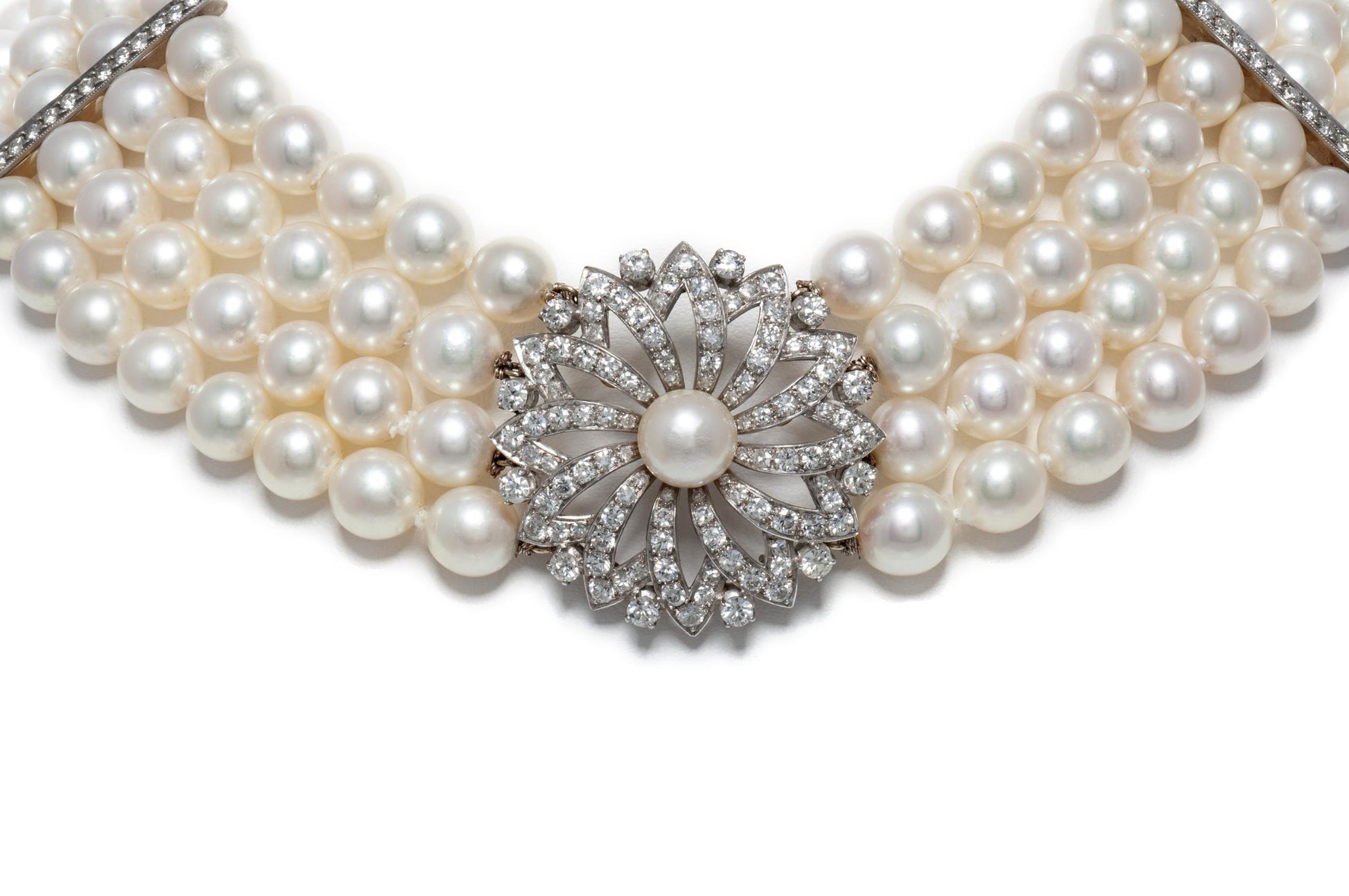 Vintage 1950s 4 Strand Akoya Pearl Necklace with Diamonds