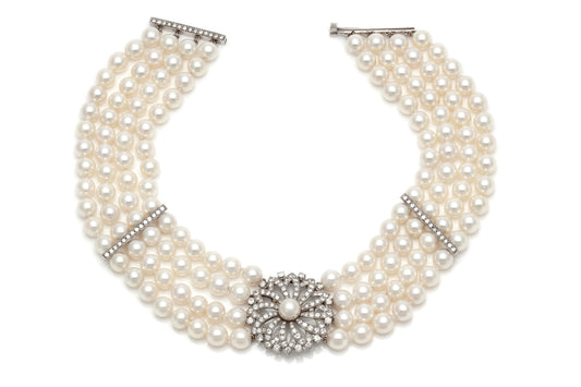 Vintage 1950s 4 Strand Akoya Pearl Necklace with Diamonds