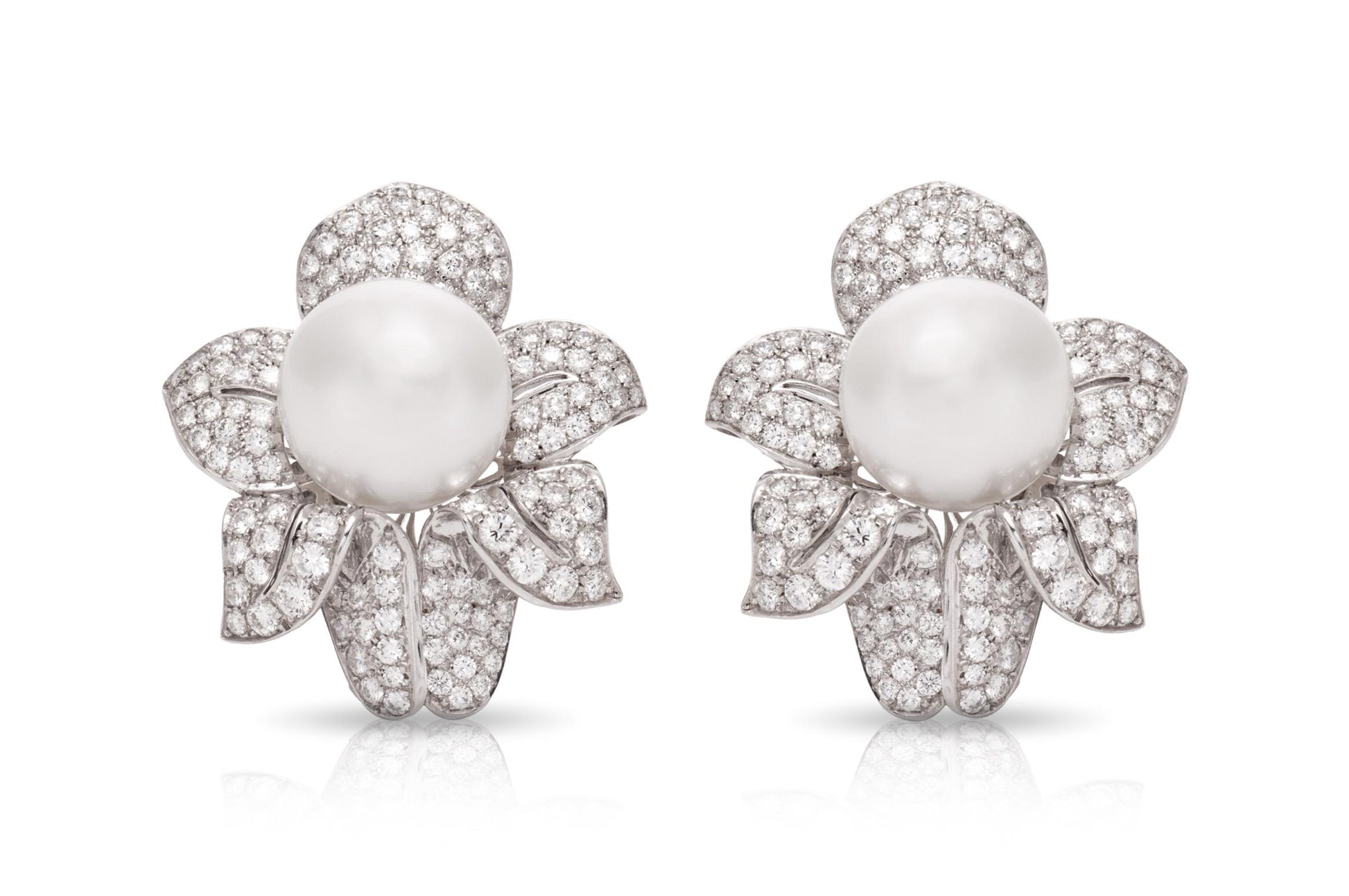 Vintage 1950s Pearl and 13.50 Carat Diamond Flower Earrings