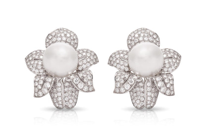 Vintage 1950s Pearl and 13.50 Carat Diamond Flower Earrings