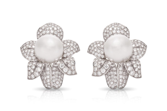 Vintage 1950s Pearl and 13.50 Carat Diamond Flower Earrings