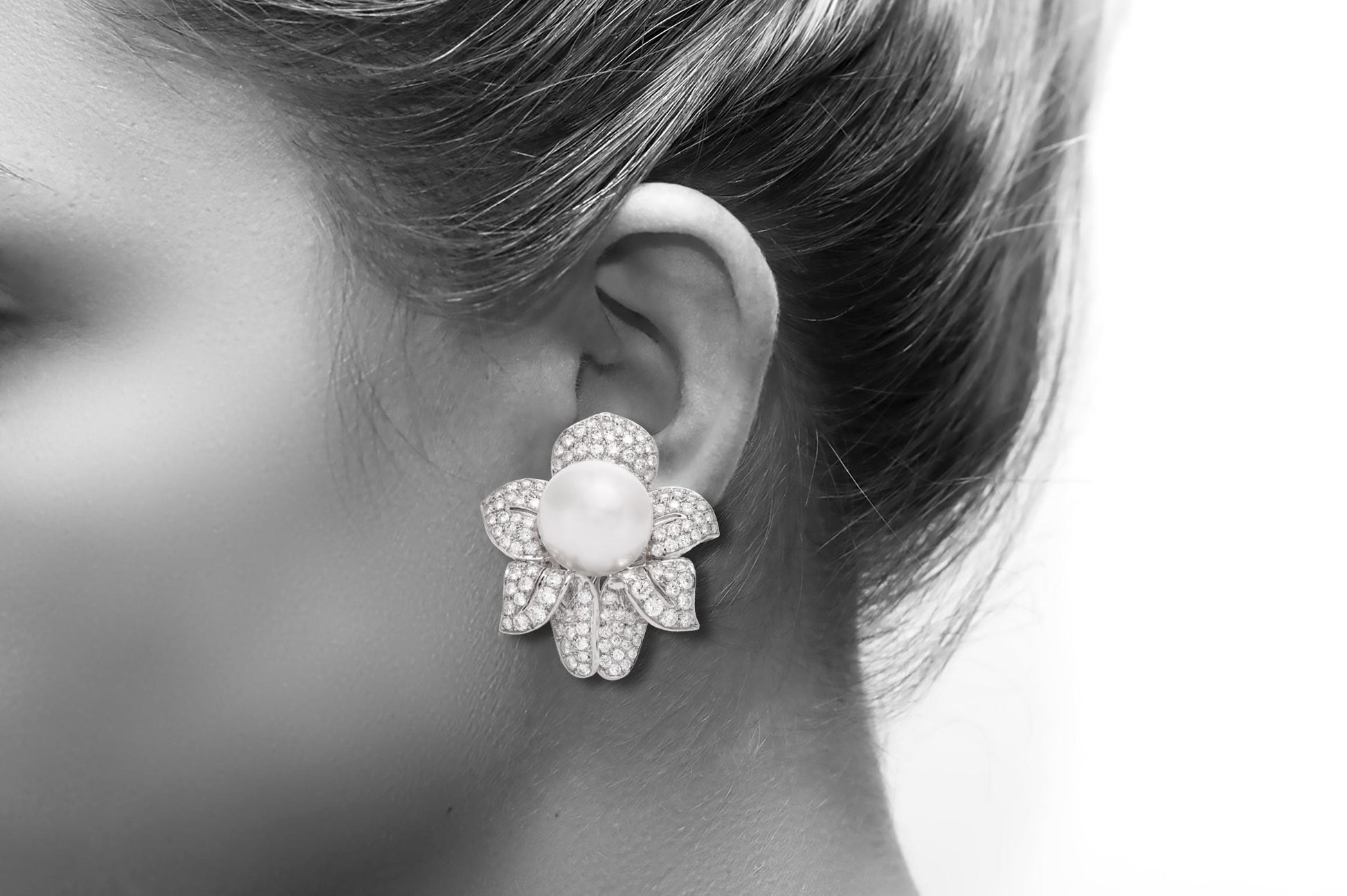 Vintage 1950s Pearl and 13.50 Carat Diamond Flower Earrings
