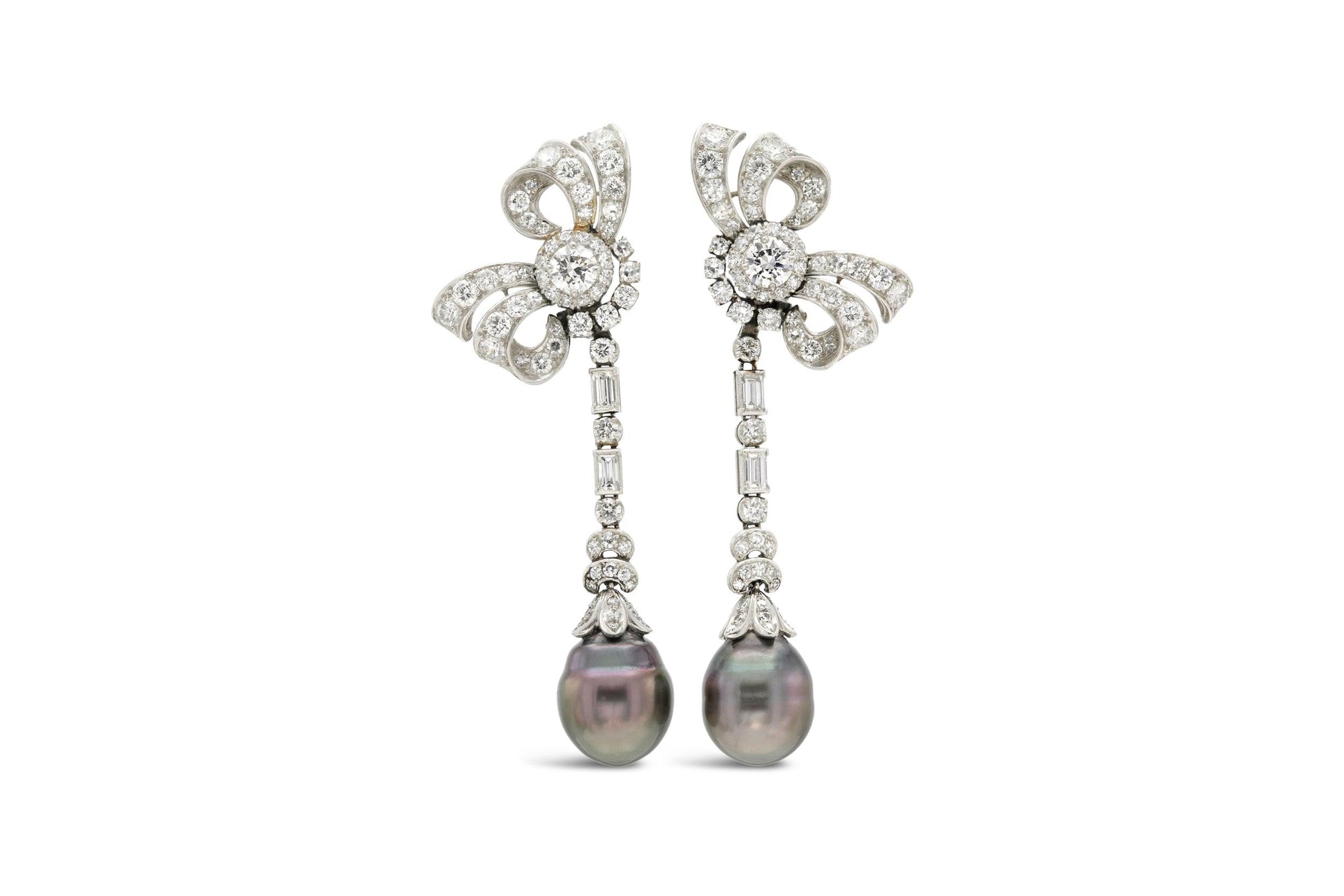 Vintage 1950s Tahitian Pearl and 4.70 Carat Diamond Bow Dangle Earrings