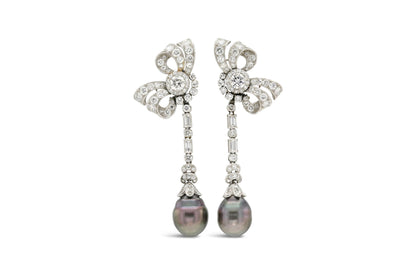 Vintage 1950s Tahitian Pearl and 4.70 Carat Diamond Bow Dangle Earrings
