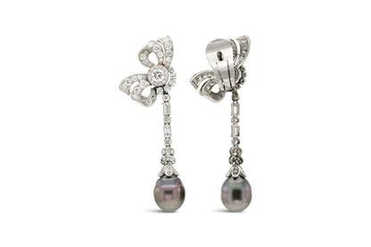 Vintage 1950s Tahitian Pearl and 4.70 Carat Diamond Bow Dangle Earrings
