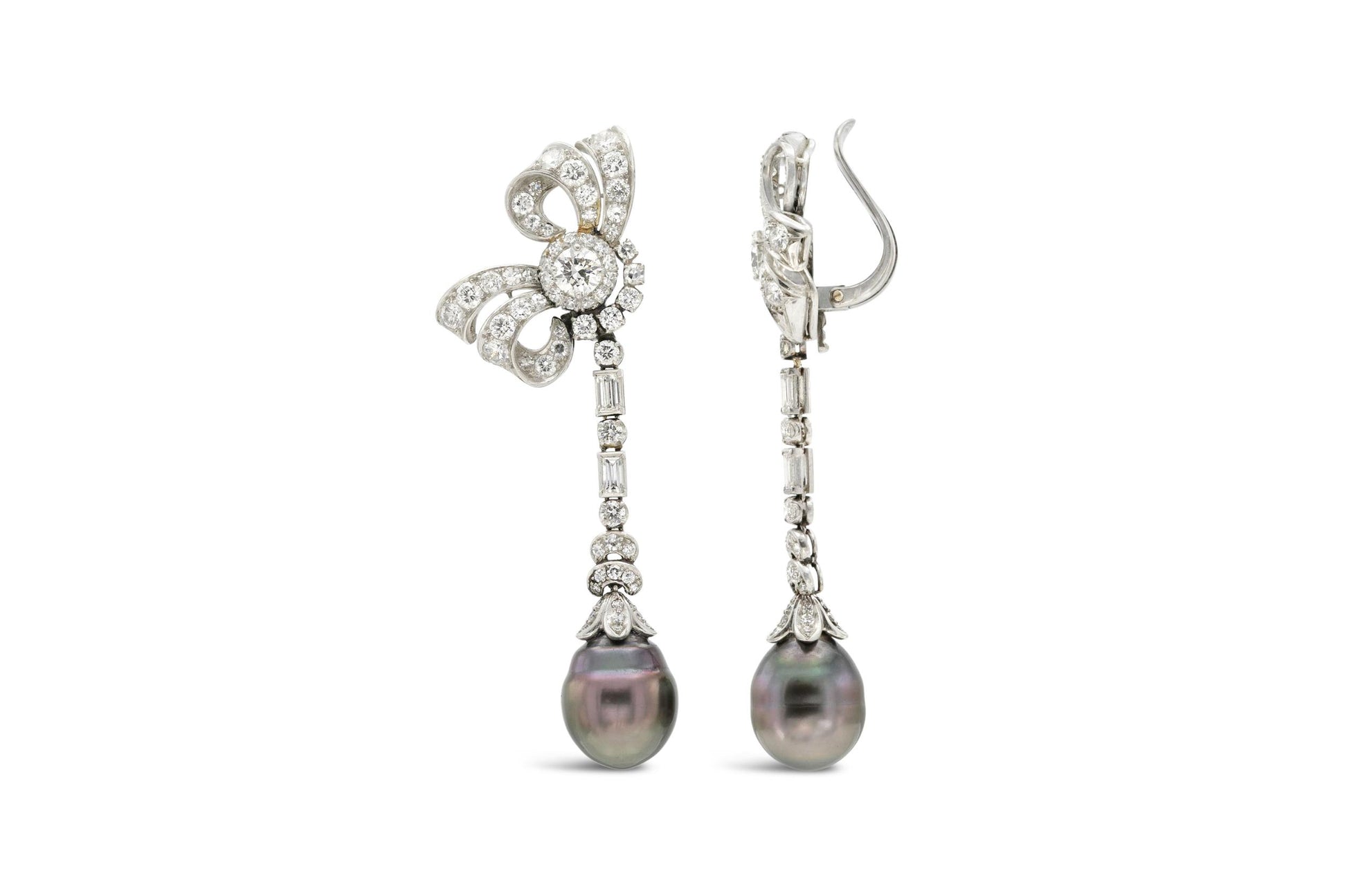 Vintage 1950s Tahitian Pearl and 4.70 Carat Diamond Bow Dangle Earrings