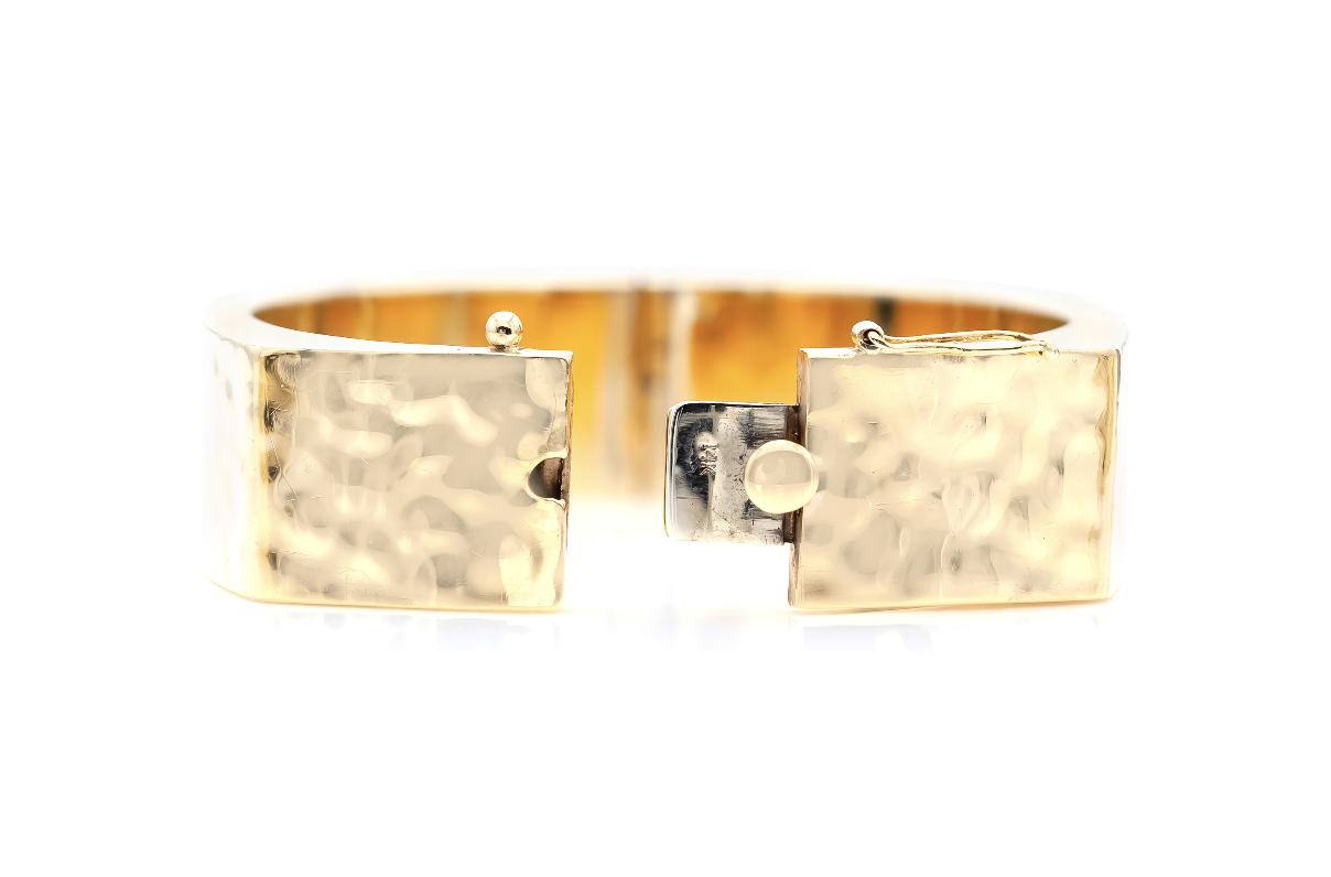 Vintage 1940s Retro Hammered Gold Hinged Square Bangle Bracelet