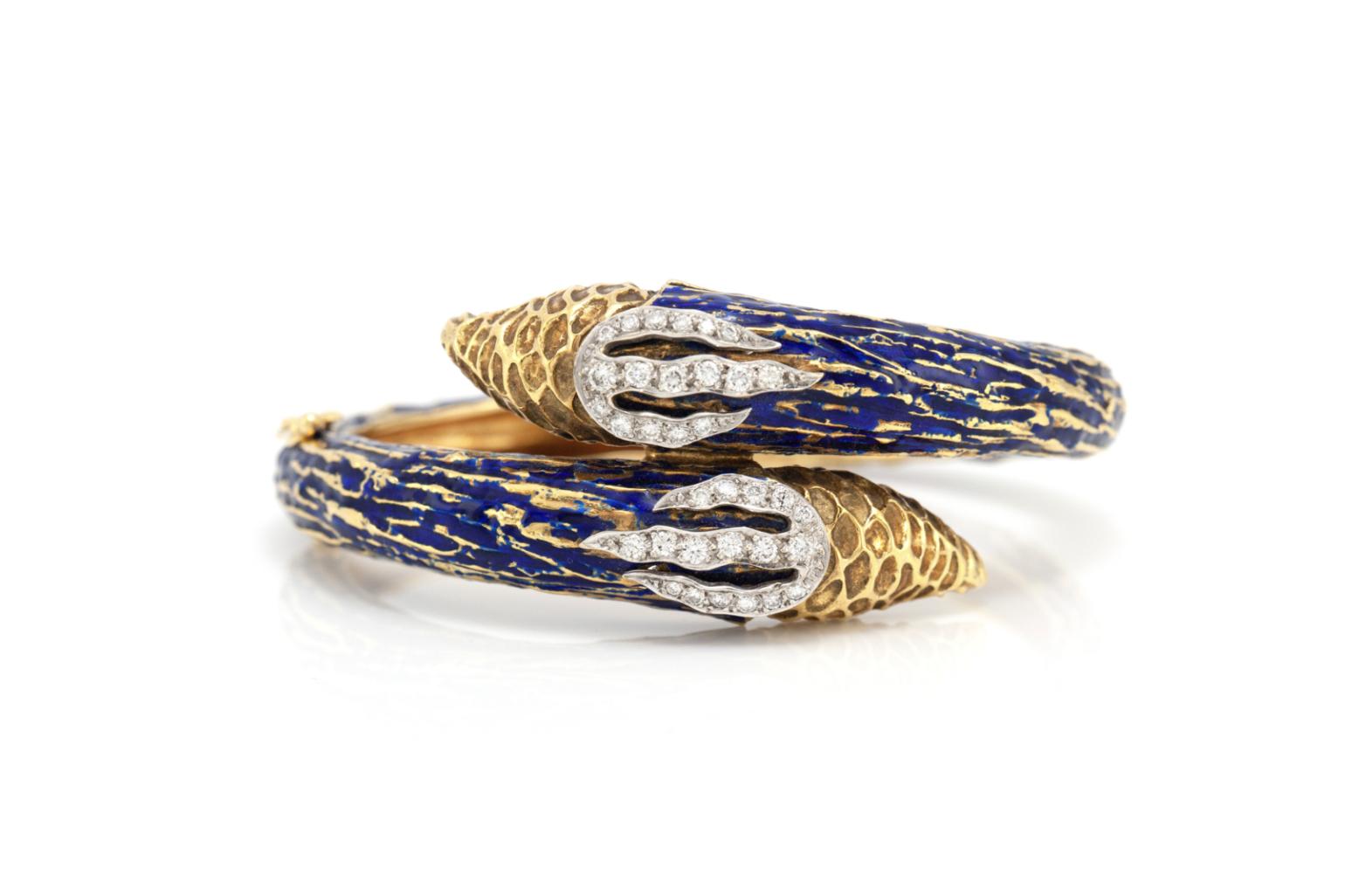 Vintage 1970s Enamel Bypass Hinged Bangle with Diamonds