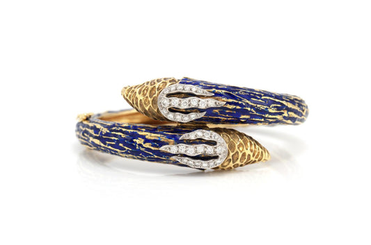 Vintage 1970s Enamel Bypass Hinged Bangle with Diamonds