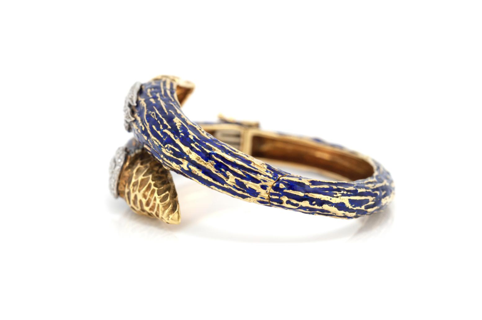 Vintage 1970s Enamel Bypass Hinged Bangle with Diamonds