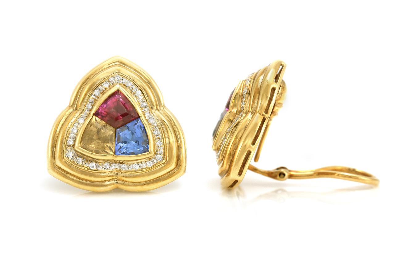 Vintage 1970s Multi-Gem Triangle Earrings with Diamonds