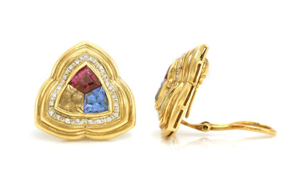 Vintage 1970s Multi-Gem Triangle Earrings with Diamonds