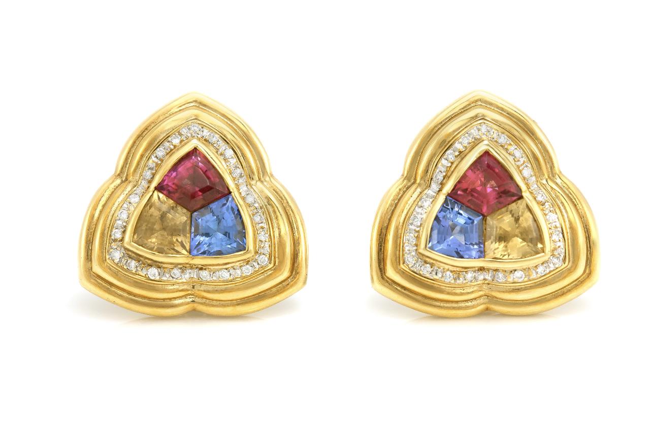 Vintage 1970s Multi-Gem Triangle Earrings with Diamonds
