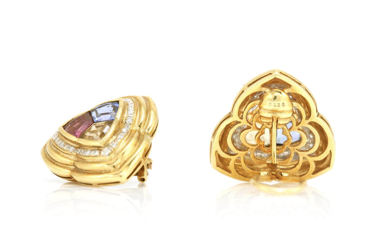 Vintage 1970s Multi-Gem Triangle Earrings with Diamonds