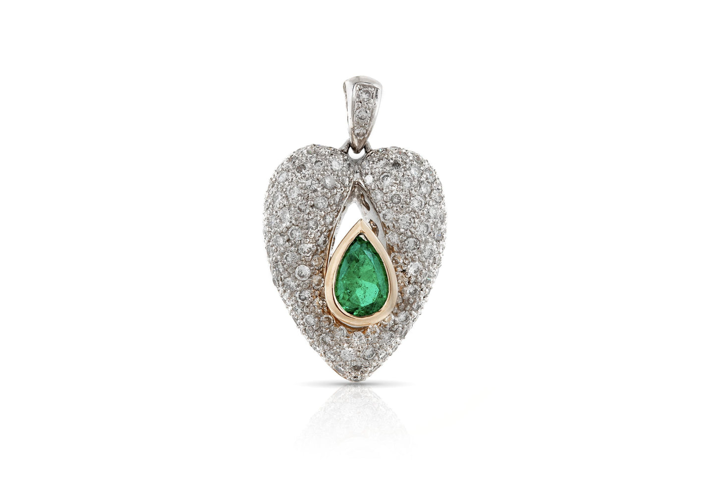 1.00 Carat Pear-Shaped Emerald and 1.30 Carat Diamond Pave Puff Heart Pendant