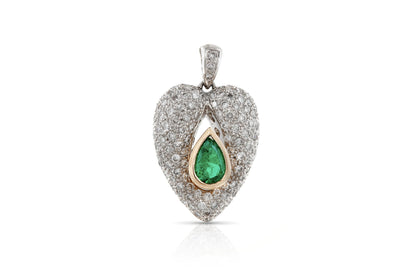 1.00 Carat Pear-Shaped Emerald and 1.30 Carat Diamond Pave Puff Heart Pendant