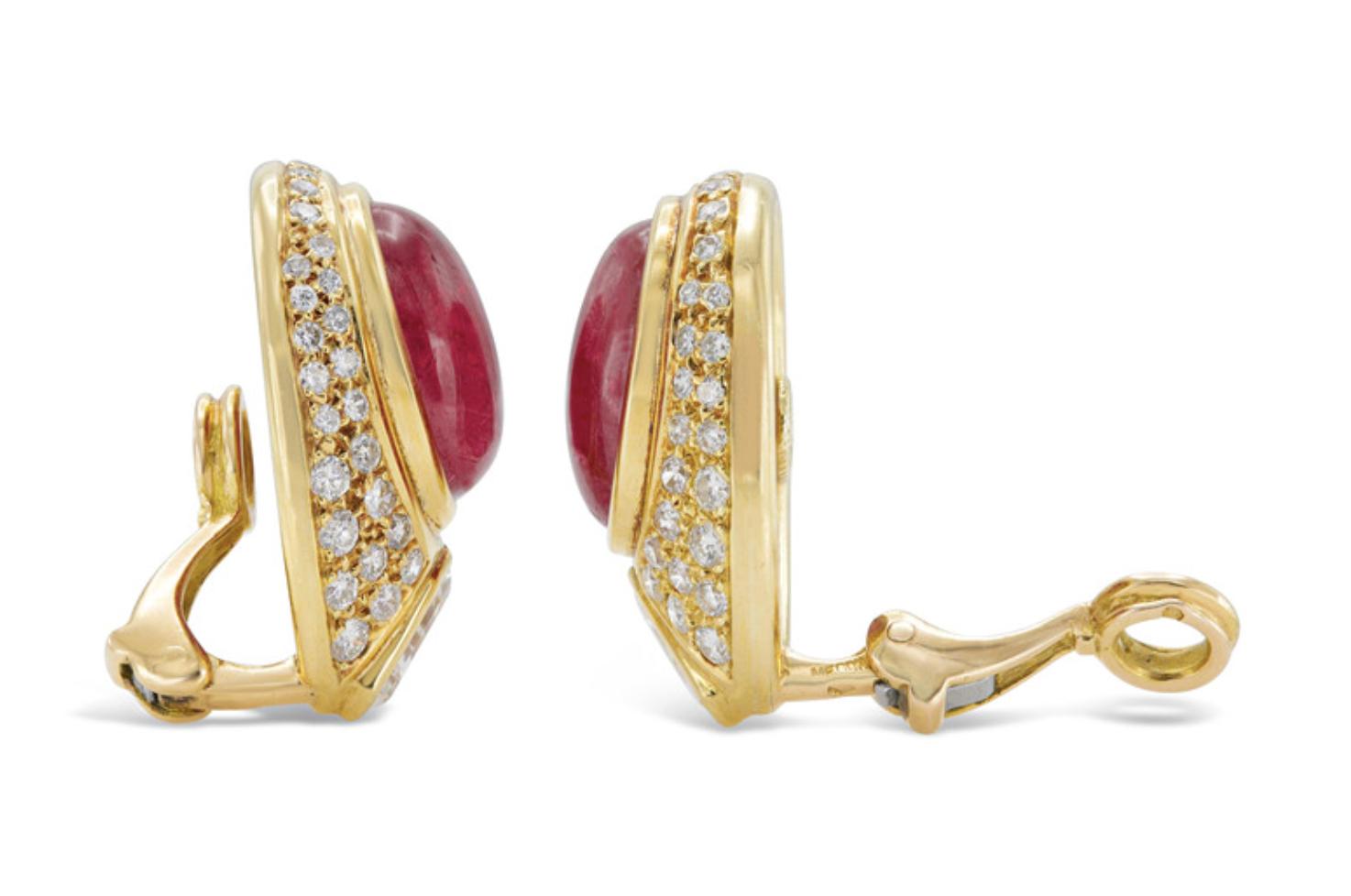 Vintage 1980s Cabochon Ruby Earrings with Diamonds