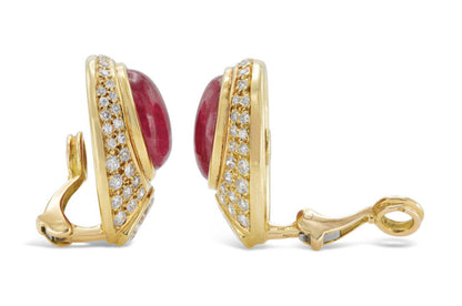 Vintage 1980s Cabochon Ruby Earrings with Diamonds