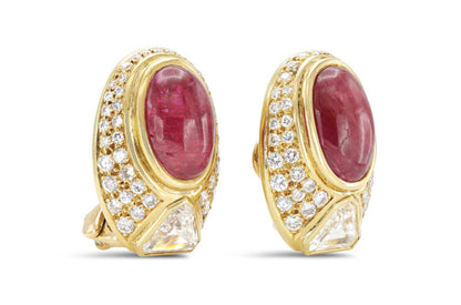 Vintage 1980s Cabochon Ruby Earrings with Diamonds