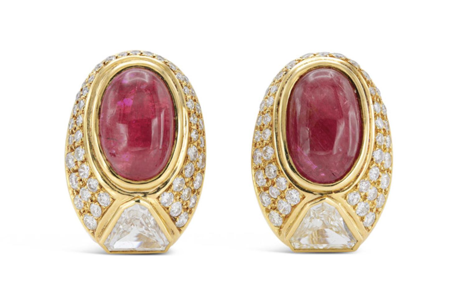 Vintage 1980s Cabochon Ruby Earrings with Diamonds