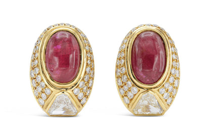 Vintage 1980s Cabochon Ruby Earrings with Diamonds
