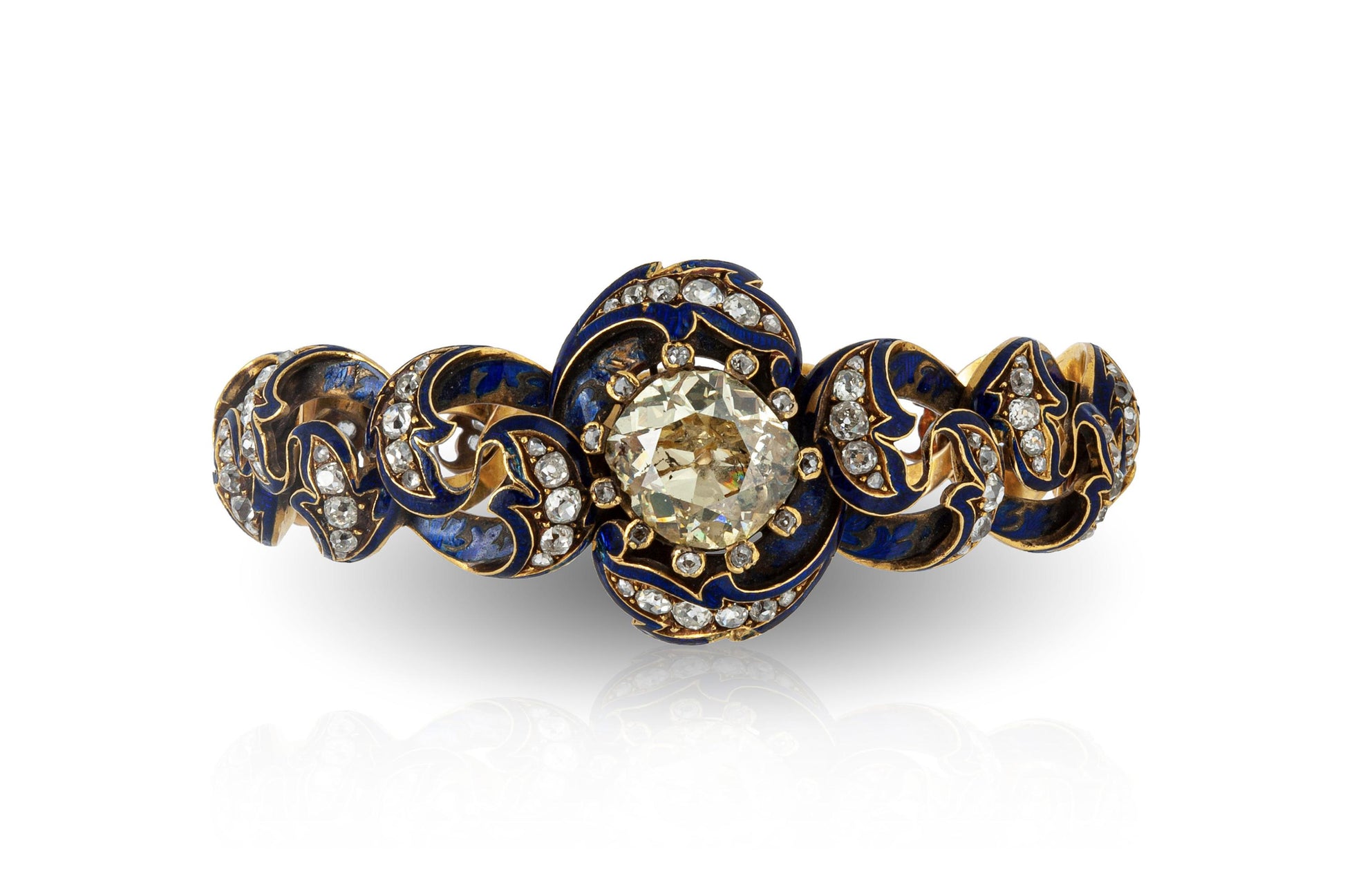 Antique Victorian 9.50 Carat Old Mine Cut Diamond and Enamel Bracelet