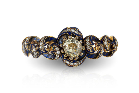 Antique Victorian 9.50 Carat Old Mine Cut Diamond and Enamel Bracelet